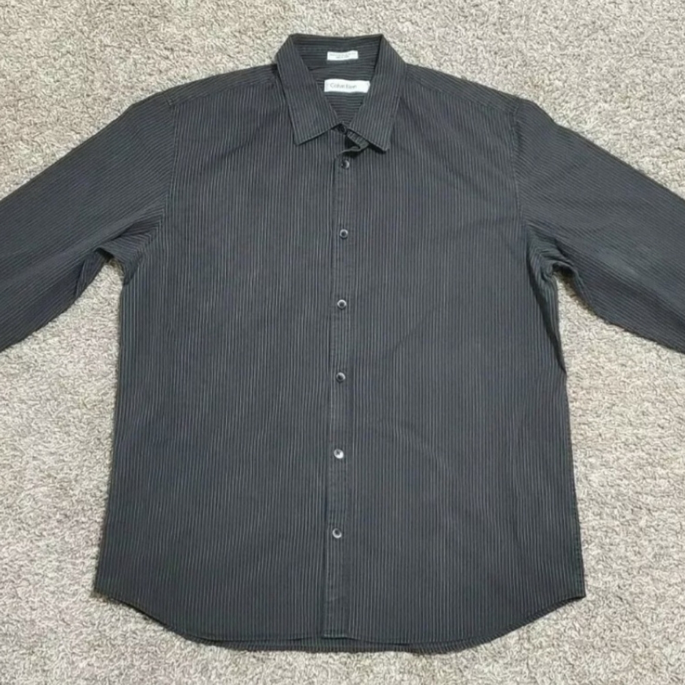 Men's Calvin Klein Long Sleeve Button Front Shirt Size L Black White Striped